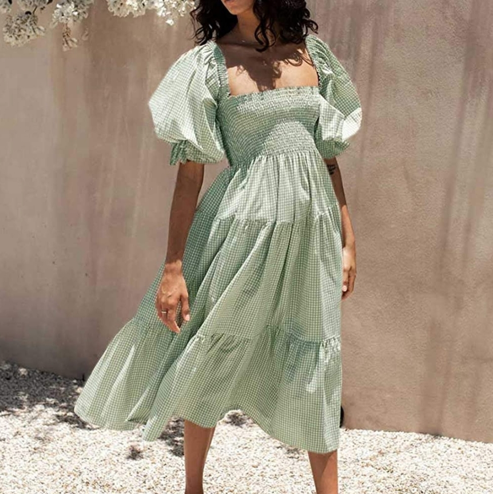 R Vivimos green gingham smocked dress